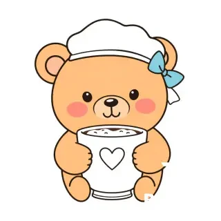 Line art drawing of a cute cartoon bear character: round brown bear with a chef hat on head, light blue bow on left ear, holding a cup of hot cocoa with heart foam. Simple dot eyes, round blush cheeks. Clean black outlines, no shading, white background, vector style, high resolution. –ar 1:1