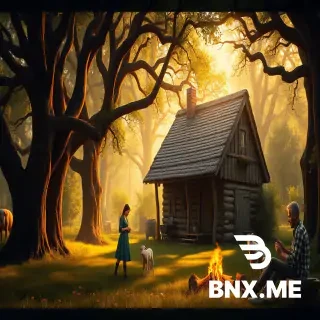 "A dense oak forest, an old wooden cottage with a thatched roof in the middle, a woman in a rustic dress milking a goat near the cottage, a little girl playing with a baby goat on the grass, a man sitting by a campfire roasting corn over an open flame, warm and peaceful atmosphere, sunlight filtering through the tree branches, detailed natural scenery, realistic style, warm tones, soft lighting, cinematic composition."