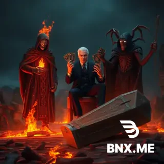 Epic dark fantasy scene from The Witcher universe, three powerful entities gathered on a ruined crossroads at night. Left: tall figure in smoldering cloak, iron mask, holding staff with glowing ember, standing in scorched earth, fiery cracks around him — this is the embodiment of the Eternal Fire, the divine force worshipped by the Church of the Eternal Fire in Novigrad. Right: eerie humanoid with spider head and lion-like mane, draped in black robe with silver web embroidery, holding a web staff, eight glowing blue eyes — this is Coram Agh Tera, the Lionhead Spider, a cruel dark deity from the Witcher world who demands bloody sacrifices from his followers. Center: a smug man in an elegant dark blue suit with golden eyes and a slight, knowing smile, sitting casually on an overturned ornate coffin, holding a deck of glowing arcane tarot cards, cards floating in the air — this is the Laughing Lord, one of the embodiments of Chaos itself and the Supreme Arbiter of the Game from the book series "Игра Хаоса" by Alexey Svadkovsky. He is the source of power for all players, the one who has been orchestrating the Game for thousands of years, bringing death and devastation to hundreds of worlds, and he possesses absolute power over its rules. Background: burnt remains of a tavern, dark forest with twisted branches, ravens, faint figures of a priestess and a cultist. Atmosphere: oppressive, blue and orange lighting, spider webs glistening with frost, sparks flying, high detail, cinematic lighting, oil painting style, dark fantasy, gothic.