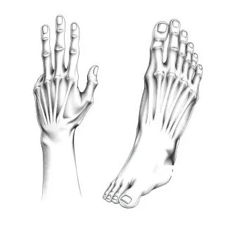 Estudio anatómico detallado de manos y pies humanos. Manos con cinco dedos claramente separados, uñas visibles, articulaciones marcadas, posición natural (no rígida). Pies con cinco dedos, arco y talón definidos. Dibujo realista a lápiz sobre fondo blanco, con sombras suaves y proporciones exactas. Inspiración en dibujo académico de libro de anatomía. Sin deformidades ni dedos extra. Enfoque nítido.