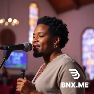 PORTRAIT OF A BLACK ADULT SINGER, SOFT AND EMOTIONAL STYLE, CHURCH BACKGROUND, MICROPHONE IN HAND, GOSPEL ATMOSPHERE MIXED WITH ZOUK LOVE, TITLE "BREAKUP" WRITTEN IN THE BACKGROUND