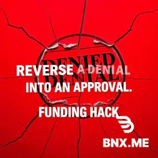 A bold, high-contrast Instagram carousel square image (1:1 ratio). Background is bright red. In the center, a large cracked "DENIED" stamp breaking apart as if shattered. Over the crack, bold white uppercase text: "REVERSE A DENIAL" then below in larger font "INTO AN APPROVAL" and at the bottom "FUNDING HACK". Text style: gritty, impactful, sans-serif. No people. No logo. Dark red cracks radiating outward. Edgy finance social media style.