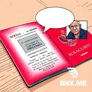 Colorful european comic book style, ligne claire, clear black ink outlines, flat colors, no shading. Close-up of an open red Russian passport on a wooden table. Inside: black-and-white photo of elderly man, text "SERIJA 1111 No 123456", "VYDAN OVD LENINSKOGO RAJONA g. SMOLENSKA", "PROPISKA: d. 16 derevnja Dobybki, Roslavlskij rajon". Next to passport: a small color portrait of the same elderly man (Sidorov, dark blue jacket, gray hair, wrinkles). One empty white speech bubble with black outline, completely empty. Background light beige. No text inside bubble.