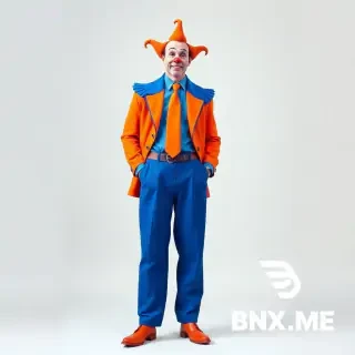 A full-body portrait of a person wearing a whimsical clown costume. The costume consists of: baggy blue jodhpur pants that are wide at the hips and tight at the calves, a blue dress shirt, a bright orange necktie, an orange jacket with extremely wide and exaggerated shoulder pads, and orange Cossack-style leather boots with pointed toes. The person is standing in a confident pose against a simple studio background. Vibrant circus colors, soft diffused lighting, high detail on fabric textures. Realistic digital art style, 8k resolution.