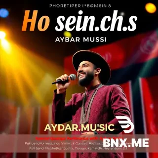 Design a premium promotional banner for a unique Qashqai singer named Hosein.ch.s and his band Aybar Music. Modern luxury style with Qashqai cultural elements. Colors: orange, red, gold, black with light flares. Text on banner: "Hosein.ch.s" (large), "Aybar Music", "Special Qashqai Performance with Aybar Style", subtitle: "Full band for weddings & concerts: Keyboard, Drums, Baglama, Electro-Baglama, Violin, Kamancheh, Tomba, Ney-anban, DJ". Image: a charismatic man with Qashqai hat and modern traditional outfit singing on stage with professional lighting and Qashqai flags background. Size 1920x1080, high resolution, energetic and joyful atmosphere.