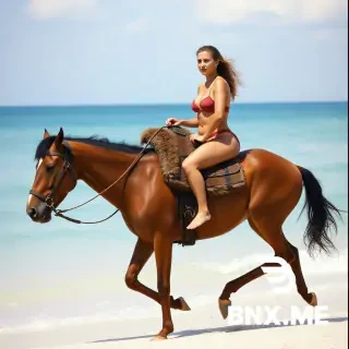 Fair-skinned, captivatingly beautiful young women with wide hips, full figures, and long legs wear bikinis. They ride on the back of a tired, short, thin, and weak man. The women are enormous, bearing their full weight. A fur saddle is fastened to their gaunt, bent, and utterly exhausted slave's back, giving them greater control. They increase his suffering and drain all his energy in their service, even though their weight exceeds his own. He finds no rest beneath her as she pulls the reins from his mouth, controlling him. He runs with difficulty because of her weight; cruelty is an effective way to bear a heavier load.