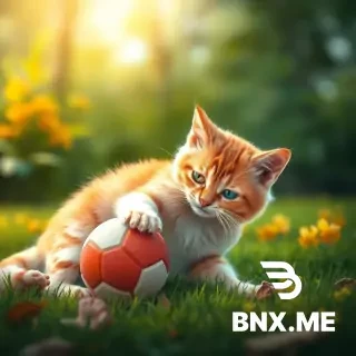 Draw me a picture of a cat playing with a ball in nature.