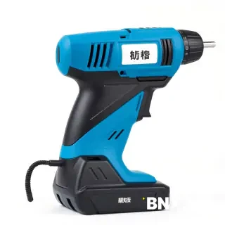 Professional product photography of a cordless electric screwdriver, blue and black color scheme, with a prominent sticker that reads "ЭЛЕКТРО" on the body, studio lighting, isolated on a clean white background, high detail, sharp focus, commercial catalog style, 8K resolution, no shadows