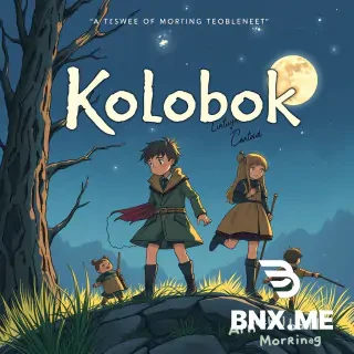 A cover for the book “Kolobok,” featuring the main and secondary characters, morning.