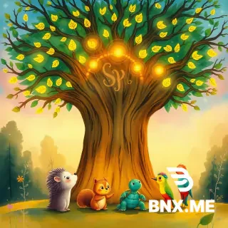A giant magical tree with glowing rings and leaves floating with tiny words, four cute forest friends (hedgehog, squirrel, turtle, rainbow bird) sitting under the tree looking up. Warm sunset tones, watercolor storybook style, gentle humor, childlike wonder