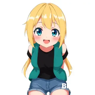 image of an smiling solo anime girl with her blonde hair and blue eyes, she wears a black t-shirt with a sleeveless teal open vest, then she wears a blue denim shorts, pov, low-angle view,,