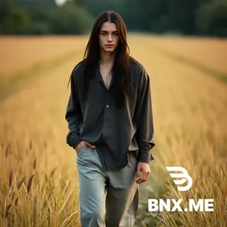 young male with long black hair and golden eyes, wide hips and very feminine appearance, short, and fairly young looking, wearing a loosfitting shirt and long pants while walking through a field