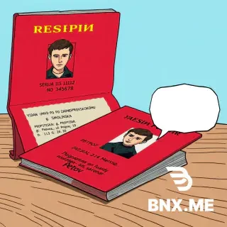 Colorful european comic book style, ligne claire, clear black ink outlines, flat colors. Close-up of an open red Russian passport on a wooden table. Inside: photo of young man, text "SERIJA 1112 No 345678", "VYDAN UMVD PO ZADNEPROVSKOMU RAJONU g. SMOLENSKA", "PROPISKA: g. Smolensk, ul. Popova, d.113 G, kv.20". Next to passport: small color portrait of young man (Petrov, dark green jacket, short dark hair, serious expression). One empty white speech bubble with black outline, completely empty. Background light blue.
