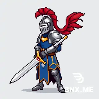 pixel art sprite of an arcane knight, steel helmet with visor and red  plume, metal pauldrons, blue tunic with gold trim, long sword with  golden hilt, standing idle, 64x64 pixels, transparent background,  side view facing right, feet on bottom edge, medieval fantasy style,  16-color palette, clean pixel art