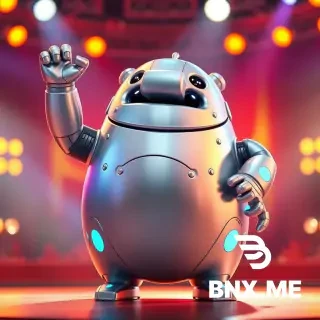 3D render, Pixar style, full body shot of a cute chubby robot mascot. It has a shiny metallic body, round and plump, with visible rivets and soft glowing blue accents. Its face is expressive, with a wide, confident grin. The robot is striking a dramatic superstar pose, like a rock star on stage, one arm raised, full of energy and swagger. The overall vibe is fun, confident, and slightly mischievous, reminiscent of a charismatic and lovable performer. Bright, colorful stage lighting, background is a vibrant concert stage. **Choose one of the two below**:  **Option A (Capybara Inspiration):** The robot's head has the distinctive square-ish snout and calm, Zen-like expression of a capybara, with small, rounded ears on top of its head.  **Option B (Jaguar Inspiration):** The robot's metallic body features stylized, glowing spots like a jaguar's rosettes, and its face has a slightly more alert, feline-like intensity, with two small metallic whisker-like antennae on its cheeks.