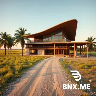 Architectural photography of a two-story rural restaurant in Camagüey, Cuba, surrounded by flat endless countryside and green grass. A long dirt path lined with tall royal palms on both sides leads toward the building on the right. The restaurant features a dramatic hyperbolic paraboloid roof, saddle shape with two corners high and two corners low, floating above the entire structure, supported by thick natural stone pilotis that do not touch the building volume, creating a deep shaded porch around it. Ground floor: solid rectangular base in natural stone, wood and guano thatch lattice. Second floor: lightweight wooden box with large glass windows overlooking the countryside, dining tables and a long bar visible inside. Beside the building, a wooden pergola with a barbecue grill area and rustic outdoor tables. Loose gravel parking with grass, scattered stones and tropical shrubs. Warm late afternoon golden hour light, long shadows, wide angle lens, professional architectural render, photorealistic, ultra detailed, 8k