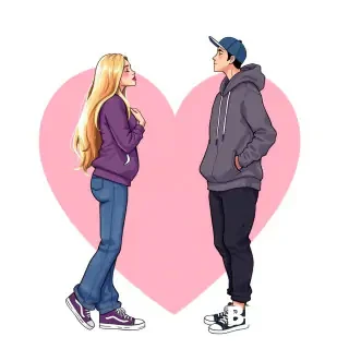 Create an image of a couple in the style of *Bratz* or *Monster High* cartoons. On the left, place a girl with long, light-blonde hair, wearing baggy jeans, a hoodie, and sneakers. On the right, place a guy wearing a cap, a hoodie, sweatpants, and sneakers. Position them against a heart-shaped background, kissing with their eyes closed. Show them from different angles.