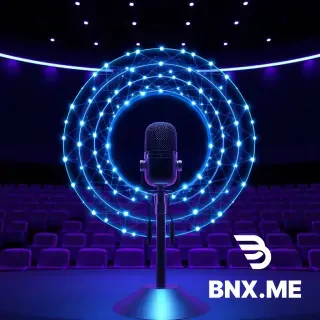 A minimalist 3D scene featuring a central glowing microphone. Emanating from the microphone are concentric, translucent soundwaves that transform into perfectly connected network nodes. The background is a dark auditorium with empty seats. Sleek, futuristic design, neon purple and blue lighting. --ar 1:1
