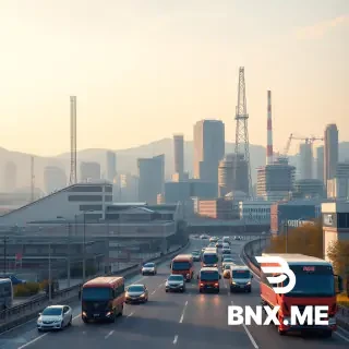 create image showing a Korean city skyline with modern factories and transport trucks moving cars, hyper detailed, ghibli studio style.