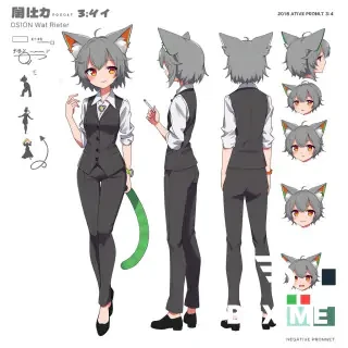 anime character sheet, character design sheet, full body, front view, back view, side view, expression sheet with 8 facial expressions, color palette swatches, female office worker, grey messy medium hair, large ahoge, grey fluffy cat ears, grey fluffy cat tail, brown sleepy eyes, mole under left eye, catlike smile, white dress shirt, dark grey vest, dark grey tailored trousers, black heels, thin cigarette in hand, fish pendant necklace, wristwatch, white background, high quality, detailed --ar 3:4  Negative prompt: skirt, green hair, green tail, green ears, horns, low quality, bad anatomy, extra limbs