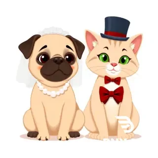 A square wedding invitation card, Disney animated style, isolated on a clean white background. A cute pug dog wearing a white bridal veil and pearl necklace, sitting next to a cute light brown cat with green eyes, white whiskers, black ears and a black back of the head, and a white chest, the cat wearing a black top hat and a red bow tie. Both pets sit side by side, looking happily at the viewer. Simple composition, flat vector illustration, soft shadows, no background elements, plenty of empty white space around them for text overlay. 1:1 aspect ratio.