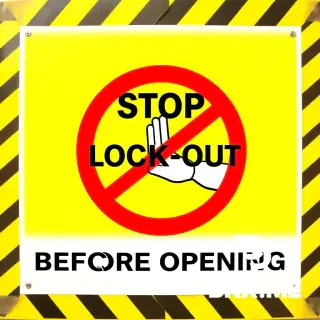A highly detailed, professional industrial safety warning sign. ISO 7010 standard style. Bright yellow background with bold black caution stripes. Red prohibition circle with a diagonal slash over a hand opening a door. Large bold sans-serif black text in the center reading: 'STOP & LOCK-OUT BEFORE OPENING'. Clean white border. Photorealistic, 4k, high resolution, vector graphic style.