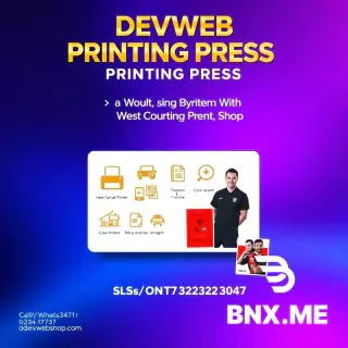 A professional, glamorous A4 portrait flyer design for a printing press shop in Ghana. The background is a luxurious gradient blending deep royal purple and bright electric blue. The layout is modern and elegant.  At the top of the flyer, in large bold gold metallic text: "DEVWEB CONSULT PRINTING PRESS". Below that, a smaller white tagline: "Your One-Stop Shop for Quality Printing."  The flyer is SINGLE sections. SECTION (Background: deep blue AND PURPLE): A clean white box with blue border. Inside, gold icons AND IMAGE OF LARGE FORMAT PRINTER, HEAT PRESS MACHINE AND T-SHIRT, COLOR PRINTER, NURSING STUDENT, POLICE AND IMMIGRATION, ALSO WHITE AND RED BACKGROUND COLOR PASSPORT SIZE PICTURE OF CRISTIANO RONALDO AND LIONEL MESSI .   Below the banner, on the left side, white text: "Call/WhatsApp: 0547177413/0204150781" and on the right side: "Location: [WANGARA LINE, TECHIMAN, BONO EAST REGION]".  Small decorative elements: faint gold stars or sparkles scattered around the flyer. The overall mood is glamorous, trustworthy, professional, and energetic. Leave a blank rectangular space at the bottom right corner for a logo or photo to be added later. The design should feel luxurious like a high-end invitation but also practical for a local business.