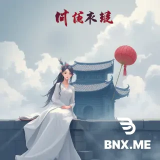 一个白色头发，在头顶上方长着白色狐狸耳朵的女孩，双手靠在栏杆上，目光看向远处，背景是无数的高楼大厦