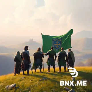 A cinematic wide shot of a group of determined characters in medieval-style armor standing on a grassy hill, overlooking a peaceful valley with a fortress. They hold a large green-and-blue flag with a coat of arms. Pastel tones, soft light, no violence, no weapons drawn. Style: digital painting, fantasy art, high detail, 16:9 aspect ratio.