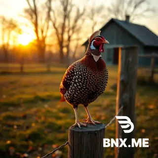 Realistic partridge with tiny bonnet and waistcoat, perched on a wooden fence post in a rural 1880s Minnesota farmyard, autumn leaves on the ground, golden sunset light. The bird is in a natural perched position, not standing upright. No humans, not anthropomorphic.
