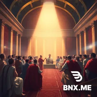 Renaissance-style illustration of a Roman Senate meeting