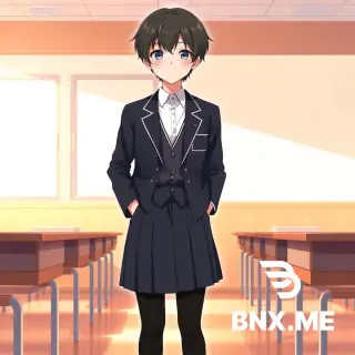 Full body illustration of a cute androgynous anime boy with soft facial features and short dark hair. Wearing a Japanese school uniform with a dark pleated skirt, white shirt and dark blazer. Black thigh-high stockings, neat appearance, modest and stylish outfit. Gentle shy smile, slight blush. Standing in a bright classroom with warm sunlight. Wholesome, romantic anime atmosphere, highly detailed, clean lineart, high quality, vibrant colors.