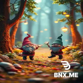 Little gnomes in a fairytale forest jumping for joy