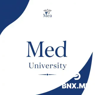 Luxury medical university poster. White background with dark navy blue accents. Top: small elegant logo. Center: large text "Med" and below it "University" in sophisticated fonts. Soft faded medical symbols like heart and stethoscope in the background. Bottom: fine decorative line and small text. Style: minimal, premium, clean, 4k, high quality printing.