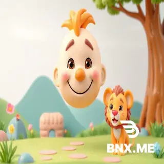 Smily face 3d model kids cartoon landscape with cartoon baby lion for a YouTube channel, family friendly. Colorful background. FOR YOUTUBE CHANNEL BANNER. 2560 x 1440 Pixels
