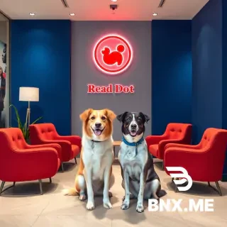 corporate interior design blue-red branded with two dogs