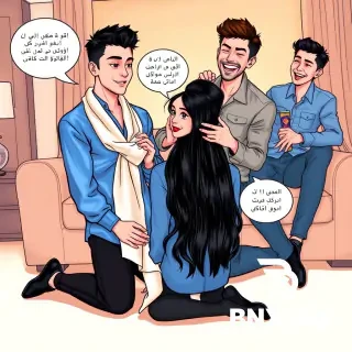 A playful manga-style illustration of three young Persian friends (ages 18-20) teasing their older friend Sam (30 years old) in a modern living room with a sofa and warm lighting. Sam is kneeling on the floor, wearing a cream silk scarf covering his long black hair (tied under his chin), a shiny bright blue satin shirt, glossy red lipstick, tight black pants, and shiny black shoes. He looks surprised but smiling.  One friend (Amir, 20) is standing in front of him, gently holding the back of Sam's head. Another friend (19) is hugging Sam from behind with a big grin. The third friend (18) is leaning on the sofa, laughing, holding a colorful foil-wrapped condom in his hand.  All three have playful, victorious expressions, as if they're joking around with a close friend.  Inside the speech balloons, the following exact Persian texts must be written word for word:  - Amir's balloon: «سامِ عزیز! دیگه مال مایی! هر وقت دلتو بخواد پیشتیم!» - The friend hugging: «آره دیگه! تو که عاشق مایی! دیگه نمیتونی ول کنی!» - The friend leaning: «کونیت واسه ما شده رفیق! بیا بغل!»  The balloons are large, clear, and readable, with Persian comic-style font. The tone is friendly, teasing, and humorous — like a group of close friends joking around. Bright colors, dynamic poses, exaggerated expressions, high detail, 8k, manga style.