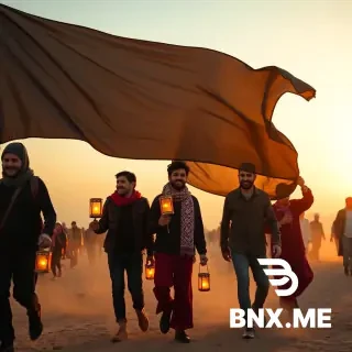 Young group of friends walking together in the Arba'een pilgrimage, holding a huge black flag, laughing through tears, sunset sky, lanterns in hand, dust floating in golden light, unity and brotherhood, warm nostalgic filter, cinematic shot from behind, epic horizon view --ar 9:16