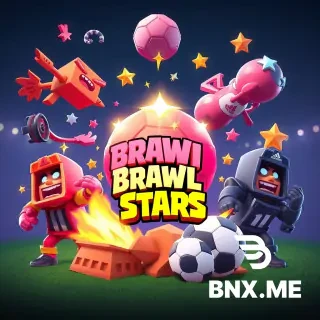 3D-рендер в стиле Brawl Stars, игровая обложка для YouTube, соотношение 16:9. На переднем плане по центру — крупный взрывающийся звездный сундук, из него в разные стороны летят золотые кубки и сверкающие алмазы. На среднем плане по кругу парят эксклюзивные кеды Adidas и футбольные мячи с яркими текстурами. На заднем плане — тёмный нечёткий силуэт геймера с планшетом в руках. Вся левая часть кадра — тёмная, пустая, без объектов и надписей (зарезервирована для крупного заголовка). Динамичный диагональный ракурс снизу вверх. Оранжево-синий неоновый контраст, объёмный глянцевый свет, насыщенные сочные цвета, киберспортивная атмосфера. Без текста, букв, цифр, логотипов, водяных знаков и лишних мелких деталей.