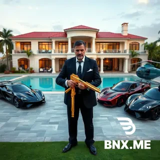 A Mexican mafioso stands in front of a luxurious villa with a swimming pool, holding a gold-plated machine gun in his hands. Supercars and luxury cars are parked next to the villa, as well as a private helicopter. Make it as luxurious as possible. Superrealism. 4K