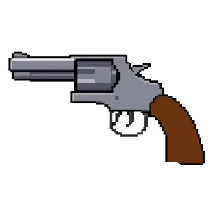 Revolver: *"8-bit NES pixel art, 16x16 pixels, a simple gray revolver with a brown grip. Side view. Only 3 colors: gray, brown, and black outline. Transparent background. Blocky barrel and cylinder."*