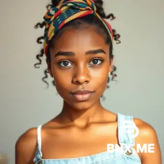 Young South American woman, front-facing portrait. Warm dusky beige skin with natural melanin glow; defined facial geometry. Thick natural eyebrows, soft baby hairs at the hairline, subtle freckles across nose and cheeks, visible micro-pore texture on forehead and cheek areas. Natural lip tone with slight dryness, faint under-eye shadows, peach-fuzz softly catching the light, realistic undertone variations and tiny imperfections - no beauty filter effects. Curly hair tied up with a colorful woven headscarf in a top knot, two loose face-framing curls, realistic stray flyaways. Neutral expression with relaxed mouth and direct eye contact into camera. Outfit: thin-strap white tank layered under light blue washed denim overalls, worn off one shoulder, visible denim stitching and natural fabric folds. Lighting: soft diffused daylight from the front, clean indoor background; true-to-life shadows and subsurface scattering around the nose, ears, and jawline. Camera: eye-level 50mm, shallow depth of field, crisp focus on eyes and skin micro-details. Style & Realism: maintain exact identity consistency, natural skin texture and sheen, realistic imperfections, freckles, flyaways, no plasticity, no over-smoothing Aspect Ratio: 9:16