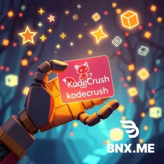 A whimsical, symbolic illustration featuring a robotic hand made of colorful Lego pieces gently holding a “KodeCrush” learning card glowing with soft neon light. On the card, a tiny digital creature shaped like a fox made of pixels and code symbols represents creativity and curiosity. Around the hand float mini holograms of stars, circuit lines, and puzzles, all softly merging into a dreamlike, child-friendly atmosphere. The background depicts a fantasy digital forest made of glowing cubes and binary fireflies, symbolizing a world where imagination meets coding. The overall tone is warm, emotional, and cinematic, with gentle light flares and soft reflections evoking discovery, play, and futuristic wonder. Rendered in a collage-inspired style with real textures — paper edges, soft shadows, and tactile surfaces — blending modern tech aesthetics with a storybook feeling. Include the text “KodeCrush” subtly integrated on the glowing card or background element.