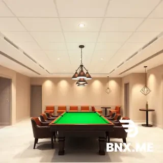Photorealistic interior rendering of a basement hall ceiling lighting layout, wide-angle view from corner, showing:  1. Main hall area with a linear sequence of recessed LED downlights (white trim, 4-inch round) installed in a straight symmetrical grid pattern on a modern white gypsum false ceiling, 3 rows with 6 lights each.  2. Center of the hall: A professional 8ft snooker/pool table with a classic green felt top, surrounded by 4 leather chairs. Directly above the table, a traditional snooker pendant light fixture with 3 adjustable cone shades (bronze/copper finish) hanging at 3 feet above the table, creating a focused warm pool of light.  3. Cafe lounge area in the corner: 2-3 modern decorative hanging pendant lights with unique geometric/filigree metal designs (gold/brass finish) suspended at varying heights, casting ambient warm glow over small round tables and cushioned seating.  4. Circulation paths and remaining areas: Additional recessed lights in a staggered pattern for even ambient illumination. Warm white color temperature (2700K-3000K) throughout.  5. Modern minimalist interior with light beige walls, polished concrete or wood-look tile flooring, subtle wall sconces as accent lighting.  High resolution, 8K, architectural visualization style, realistic materials, soft shadows, professional lighting design, rendered with V-Ray/Corona, photorealistic, interior design portfolio quality --ar 16:9