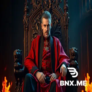 Niccolò Machiavelli sitting on an ornate throne carved with lions and royal symbols. Red mystical flames glow beneath the throne. Intense expression, commanding presence. Renaissance luxury mixed with dark mystery. Hyper-realistic, epic cinematic poster.