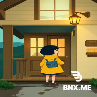 Mina, a young girl with a round yellow raincoat, short dark hair, and a small blue satchel, standing on the front porch of a unique hilltop bookshop at early evening, looking with gentle surprise at an empty wooden lantern hook beside the door, wooden porch railing, two simple flower pots, cream walls, quiet hill path, warm light glowing from the bookshop window, empty hook clearly visible, yellow cord loop hanging from the hook, one small muddy footprint visible below it, wide storybook composition, clear focal point on the empty hook and footprint, calm curious mood, soft teal evening sky and warm amber light, no other people, LOCKED BRAND STYLE: Soft storybook illustration, deep teal and warm amber on a cream background, rounded shapes, gentle outlines, a warm light source visible in the scene, a calm and warm mood, no realistic textures, no 3D, no dark shadows, no anime, family-friendly, original design.