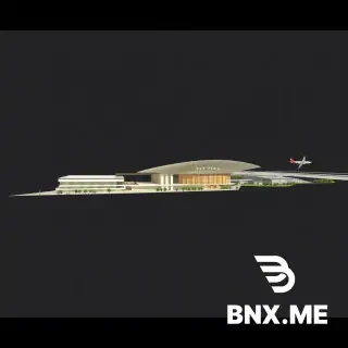 Hyper-realistic architectural cross-section diagram of an international airport site in the central plains of Aleppo, Syria. A long panoramic sectional cutaway view, stretching from the left (landside) to the right (airside), showing the vertical relationships between topography, buildings, and aircraft movement.  The ground profile is a gentle, almost flat horizontal line with a very slight natural slope descending from left to right (typical Aleppo steppe terrain). The section clearly shows three distinct levels:  1. Underground level: A partial basement beneath the terminal containing baggage handling conveyor systems, mechanical rooms, and a service tunnel connecting to the car park.  2. Ground level (street grade): The main terminal entrance with a drop-off canopy, pedestrian plaza, and the beginning of the check-in hall. To the left, the multi-story car park rises five levels with ramp access.  3. Upper level: The departure hall with the undulating concrete roof, showing the thickness of the structure and the star-shaped skylights penetrating through. Above it, the minaret-inspired control tower rises to its full height with its glazed lantern cab.  On the airside (right side), the ground remains perfectly flat with a thick paved runway section showing its layered construction (sub-base, asphalt, and marking lines). A wide-body aircraft is shown in section with its landing gear touching the ground, and its wing overlapping the terminal roof to indicate scale comparison.  The earth beneath the runway is labeled with soil strata: a thin topsoil layer, followed by compacted fill, then natural clay and limestone bedrock typical of the Aleppo region.  Geometric annotations: vertical dimension lines indicating floor-to-floor heights, a scale bar, elevation markers in meters, and a simple compass. The drawing style is a hybrid between realistic rendering and architectural technical drawing (clean lines with soft shading and subtle material textures).  Atmospheric background: a gradient sky transitioning from dusty yellow at the horizon to pale blue above, with a faint sun symbol showing the solar angle. Surrounding the section, a silhouette of distant olive trees and a small village minaret on the far left horizon for context.  Architectural presentation quality, 8k resolution, crisp legibility, informative yet artistic.--ar 21:9