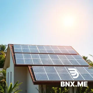 A bright, sunlit modern home in Hyderabad, India, with high-efficiency solar panels prominently covering the rooftop. The sun is positioned in the upper corner, casting warm golden rays directly onto the panels. The home looks eco-friendly and well-maintained, with a clear blue sky and soft green surroundings. No technicians in foreground — focus is entirely on the house, solar panels, and sunlight. Ultra-realistic, cinematic, clean, inspiring, wide angle (16:9). No text, no logos, no artificial energy symbols or waves