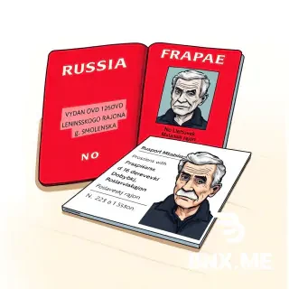 Colorful european comic book style, ligne claire, clear black ink outlines, flat colors, no shading. Close-up of an open red Russian passport on a wooden table. Inside: black-and-white photo of elderly man, text "SERIJA 1111 No 123456", "VYDAN OVD LENINSKOGO RAJONA g. SMOLENSKA", "PROPISKA: d. 16 derevnja Dobybki, Roslavlskij rajon". Next to passport: a small color portrait of the same elderly man (Sidorov, dark blue jacket, gray hair, wrinkles). No speech bubbles. No empty circles. Background light beige.