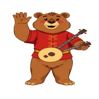 A cartoon-style Russian bear, standing upright, full-body pose, covered in brown fur, white background, wearing a traditional red Russian shirt, with a golden belt around the waist, holding a balalaika in the right hand, raising the left hand in a welcoming waving gesture, cute and friendly expression, clear outline, suitable for printing as a life-size standing cutout, full-body view, no shadows, high resolution.